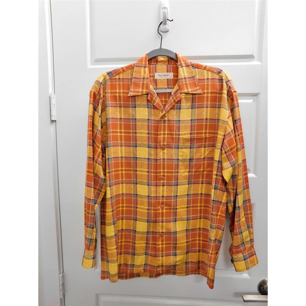 Equipment France‎ Yellow Orange Multi Plaid Print Button Down Silk Blouse sz S